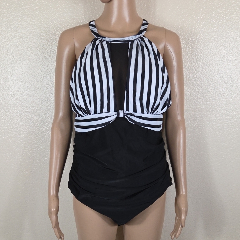 Tempt Me Black & White Striped Halter 1 Piece Swimsuit